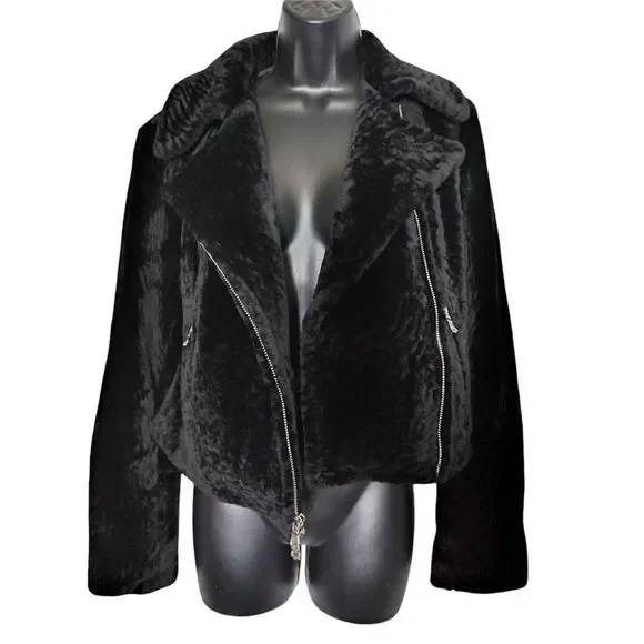 L'AGENCE Fur Moto Biker Crop Jacket Black New